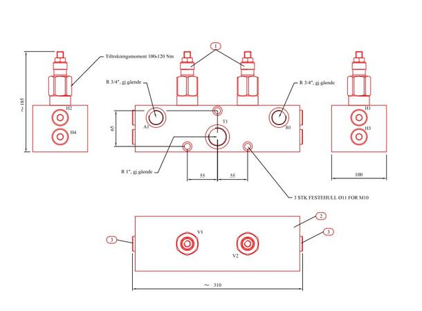 Blokk for bakmontert kran - 350bar 2-krets system 2 x 3/4",1x1.1/4" retur