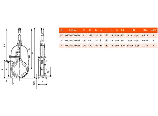 SLUSEVENTIL 6" med gjenger og flens 150 RIV 40 Perla