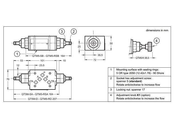 Volumstrømsventill QTM5-D strupe-/tilbakeslag i A og B, Cetop 05