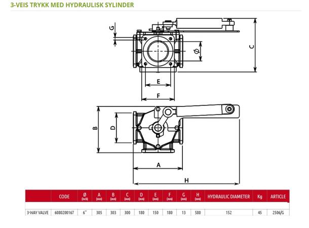 3-veis kran 6" m/hydraulisk styring