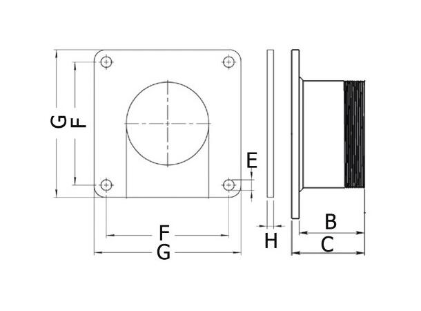 Firkant flens med rør og gjenger 4" c/c=150mm