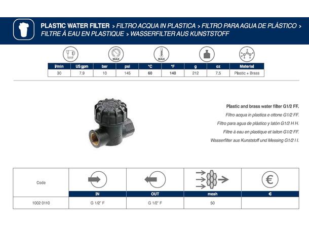 Filter sug/retur 30 l/min  1/2", Vann 50 Mesh