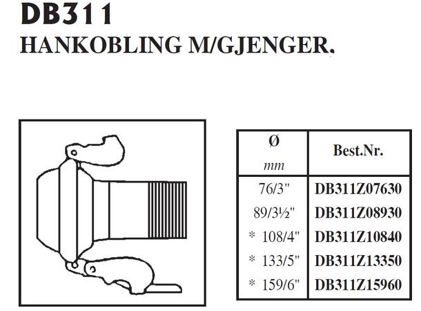 BAUER han/gjenger m/klam. 2"/ Ø50xØ50mm 2" med 2"gjenger  (SVART)