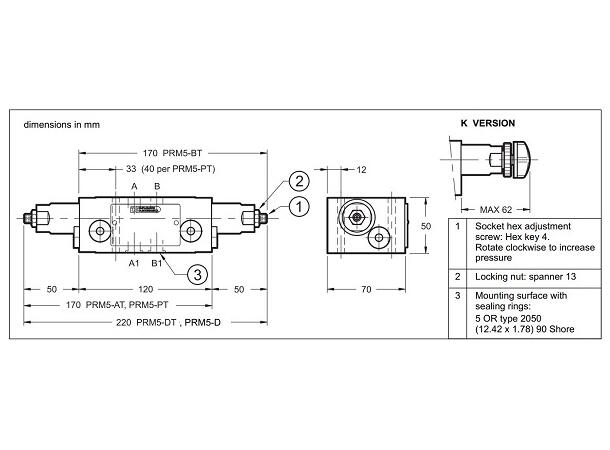 Trykkbegrensningsventil PRM5-PT Cetop 05, P=>T, 14 - 350 bar, m/ ratt