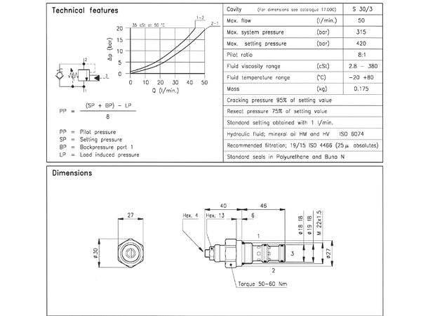 Oversenterv. enkel CMQ 30/ T-L 50l/min 105-420bar (280), patron