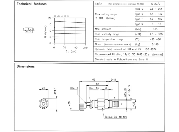 Volumkontr.v. RDC 20/T-V 3,2-9,5 l/min 2-veis, trykk.komp.